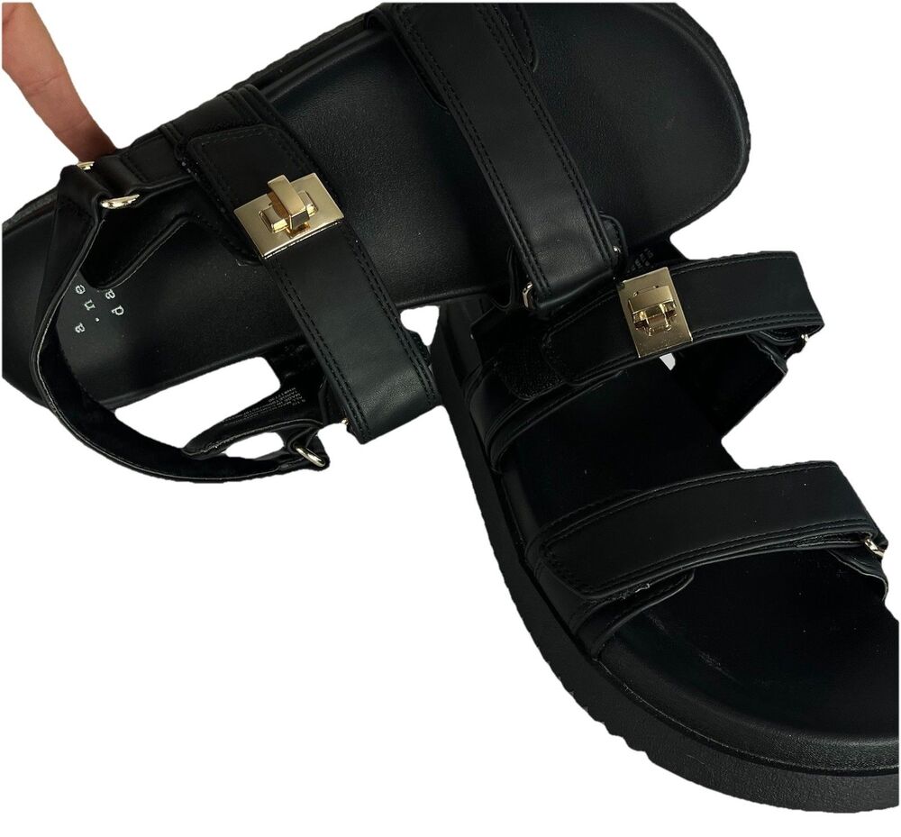 Women Black Platform Sandals Double Strap Gold Buckle Casual Comfort Size 81/2 - Picture 14 of 15